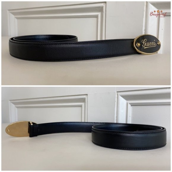 Authentic GUCCI Black Calfskin Leather Gold Signature Oval Buckle Belt 80/32